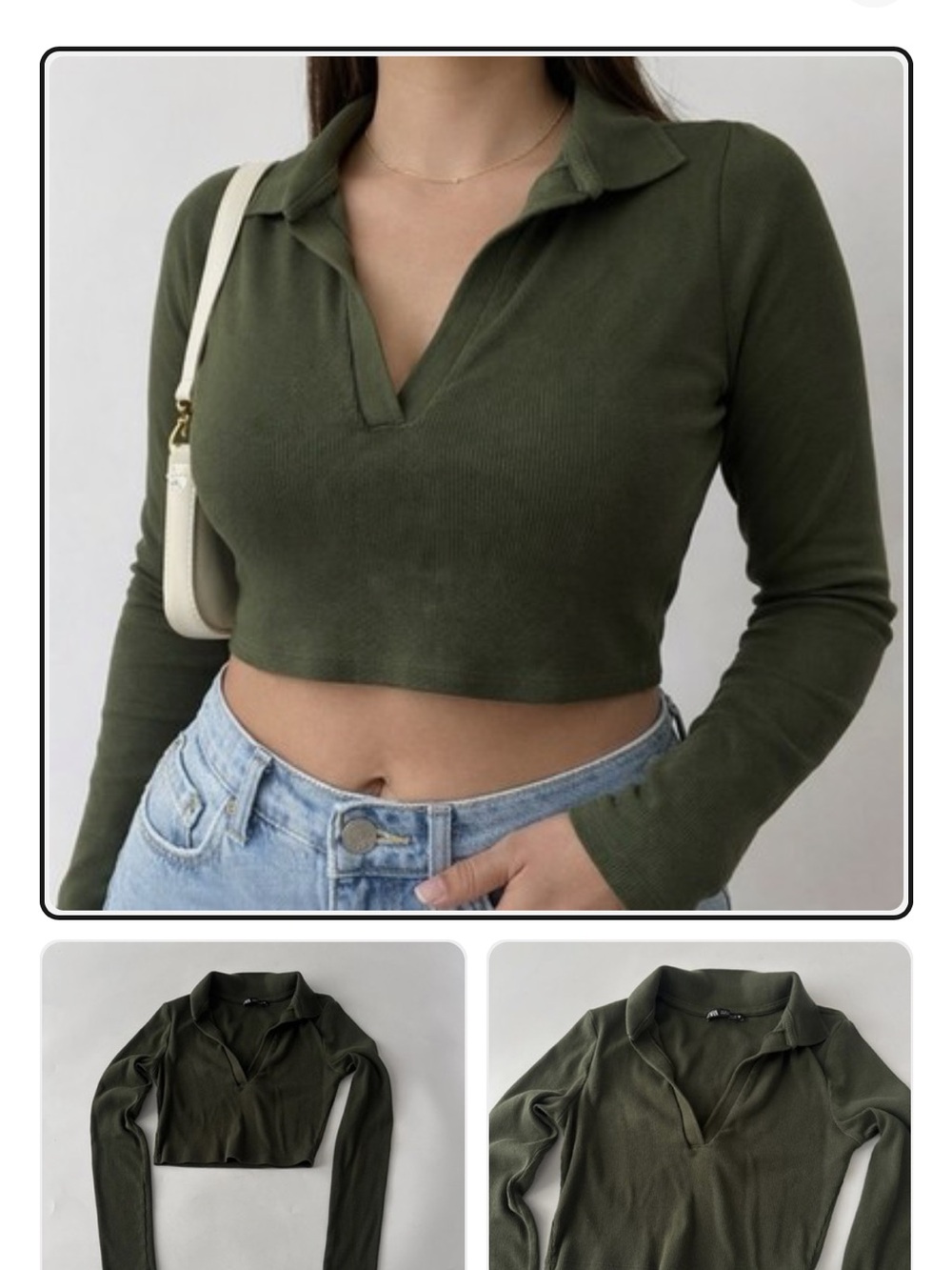 Zara Olive Green Ribbed Long-Sleeve Cropped Polo